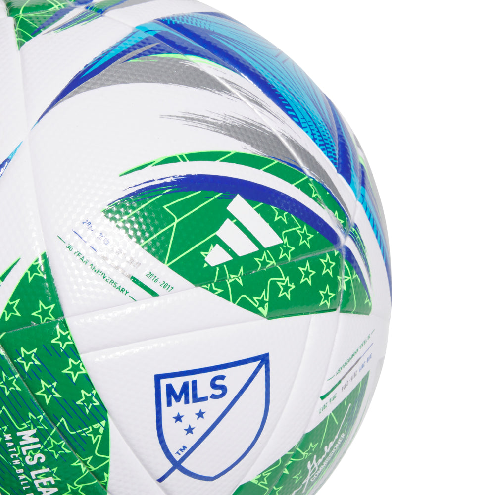 Close-up of the Adidas 2025 MLS NFHS League Soccer Ball showcasing its vibrant colors and heat-sealed panels.