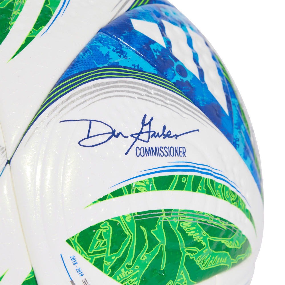 Action shot of the 2025 MLS match ball during a soccer game
