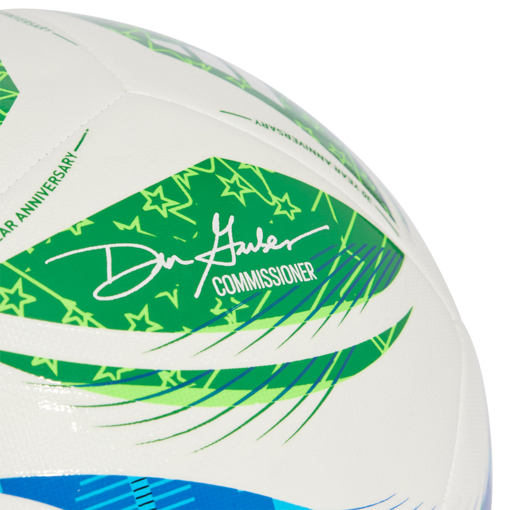 Close-up of the MLS ball, highlighting its high-quality construction and vibrant design.