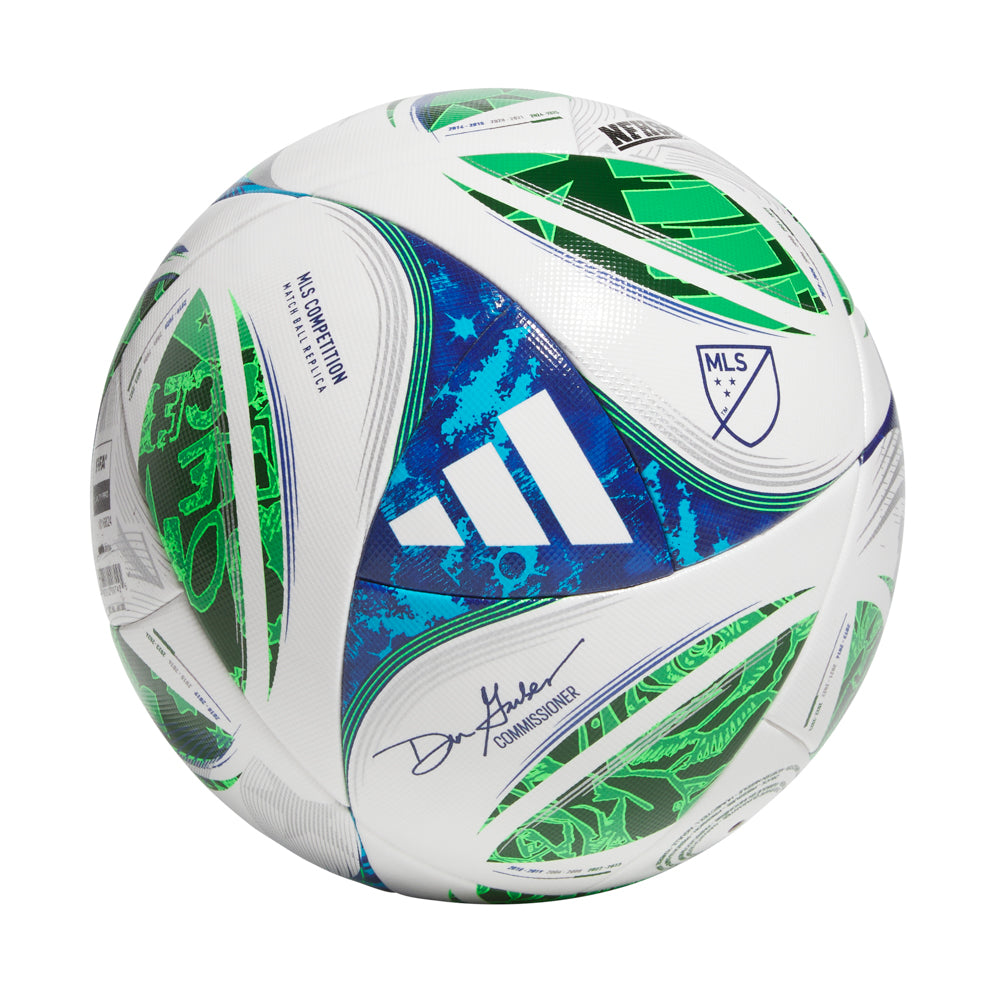 Front view of the 2025 MLS NFHS competition soccer ball on a grassy field, perfect for MLS soccer matches