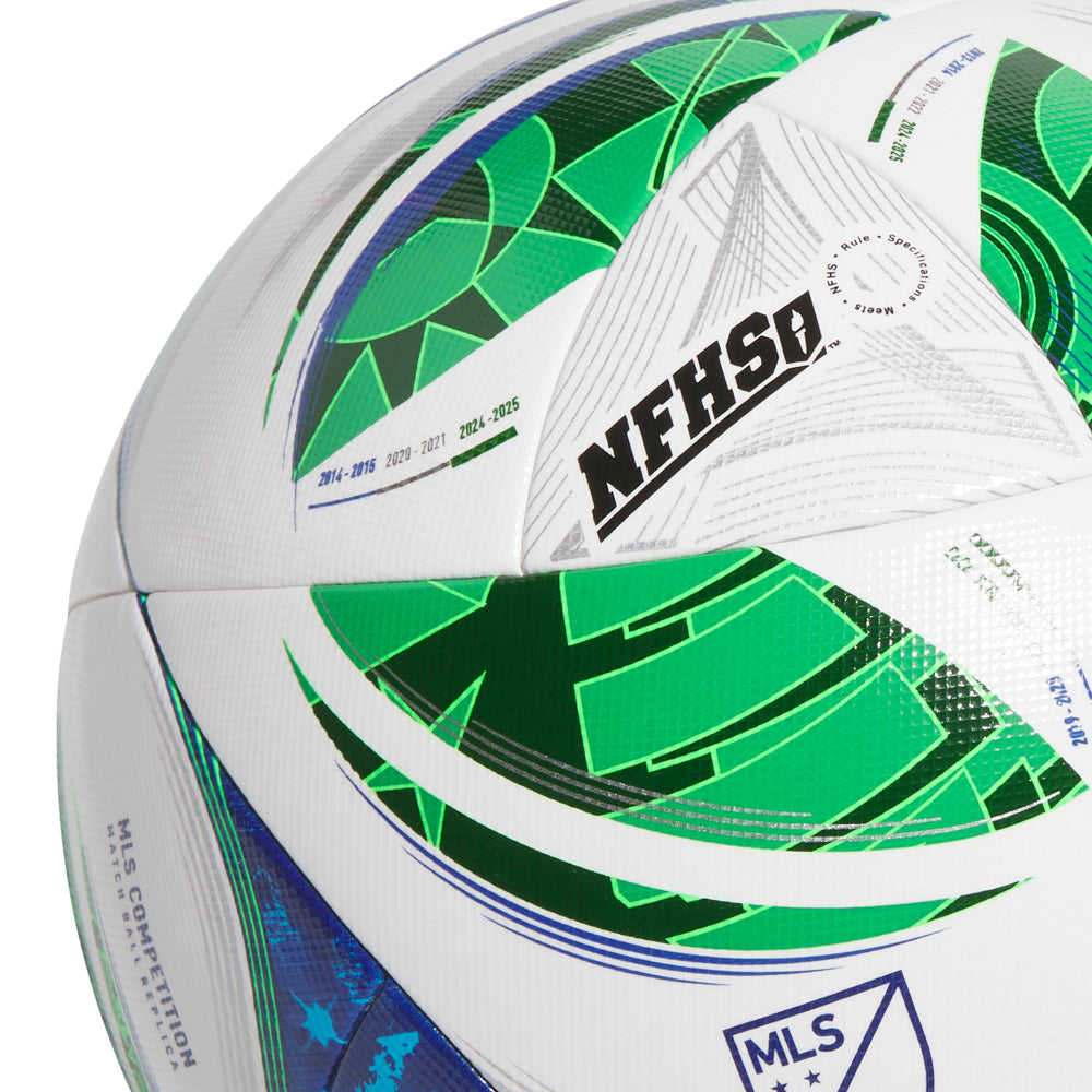Close-up shot highlighting the detailed stitching and premium surface of the 2025 MLS competition ball