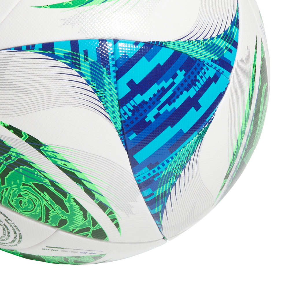 Front view of the 2025 MLS NFHS competition soccer ball on a grassy field, perfect for MLS soccer matches