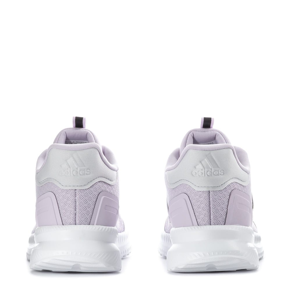 Top-down angle of kids athletic shoes with cushioned footbed and lace-up design