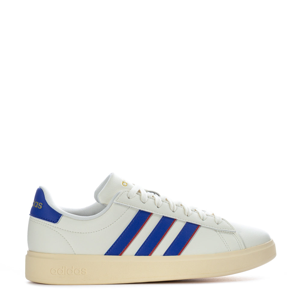 Front angle of white Adidas Grand Court 2.0 sneakers for men showing CloudFoam midsole and classic 3-Stripes