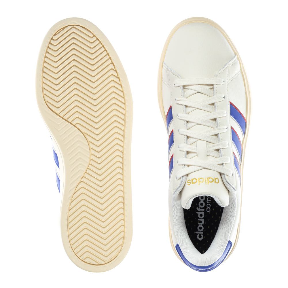 Front angle of white Adidas Grand Court 2.0 sneakers for men showing CloudFoam midsole and classic 3-Stripes