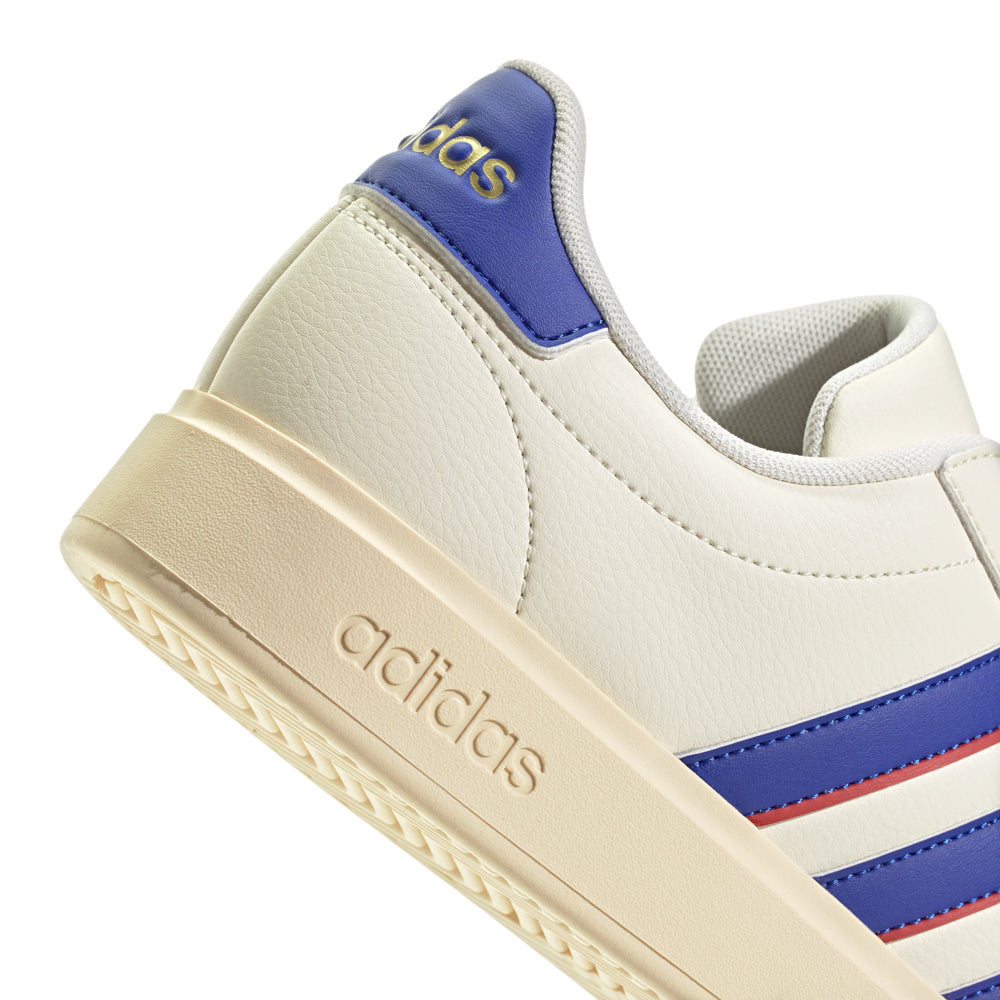 Front angle of white Adidas Grand Court 2.0 sneakers for men showing CloudFoam midsole and classic 3-Stripes