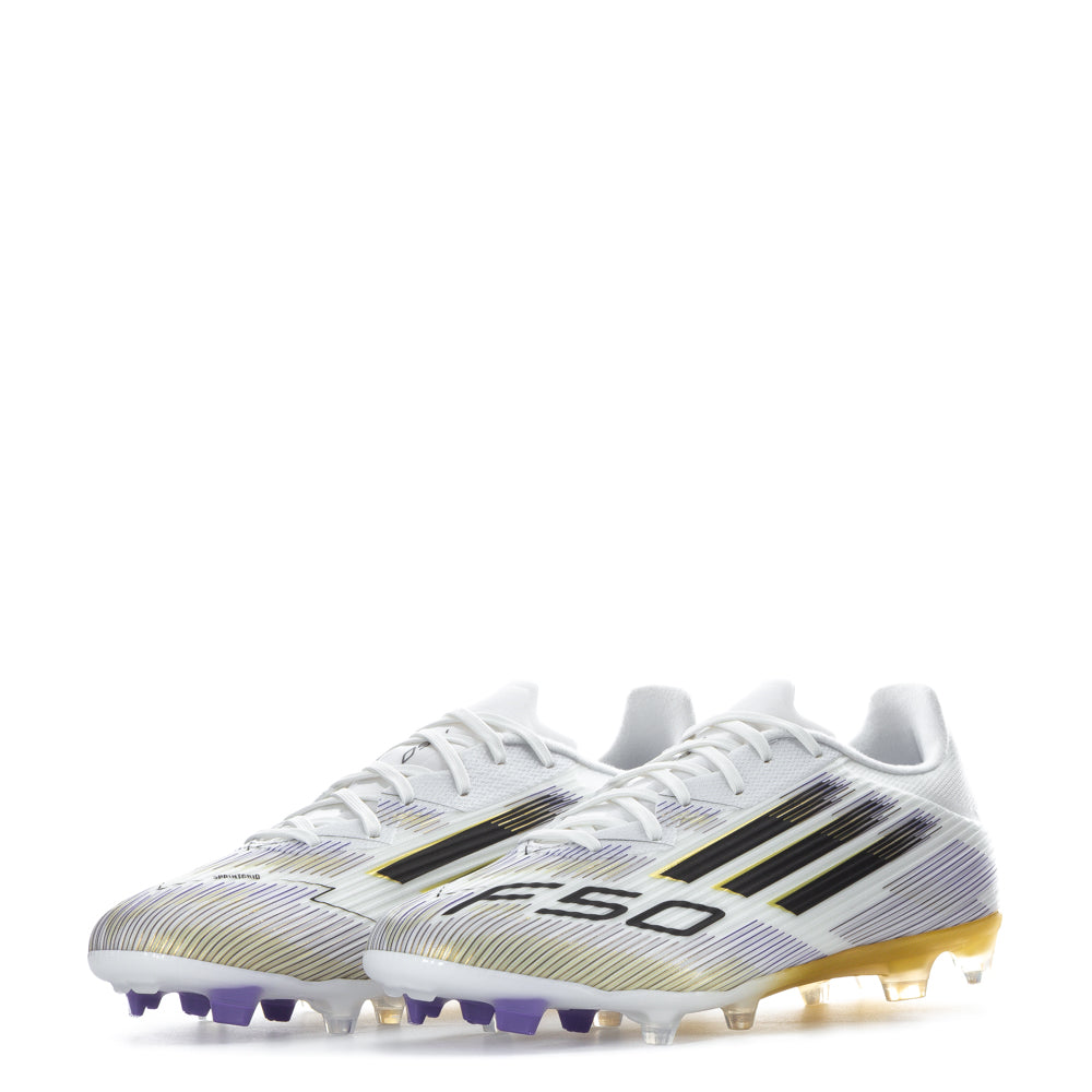 Close-up of Sprintplate 360 outsole with labeled recycled material badge on adidas F50 League FGxMG football shoes