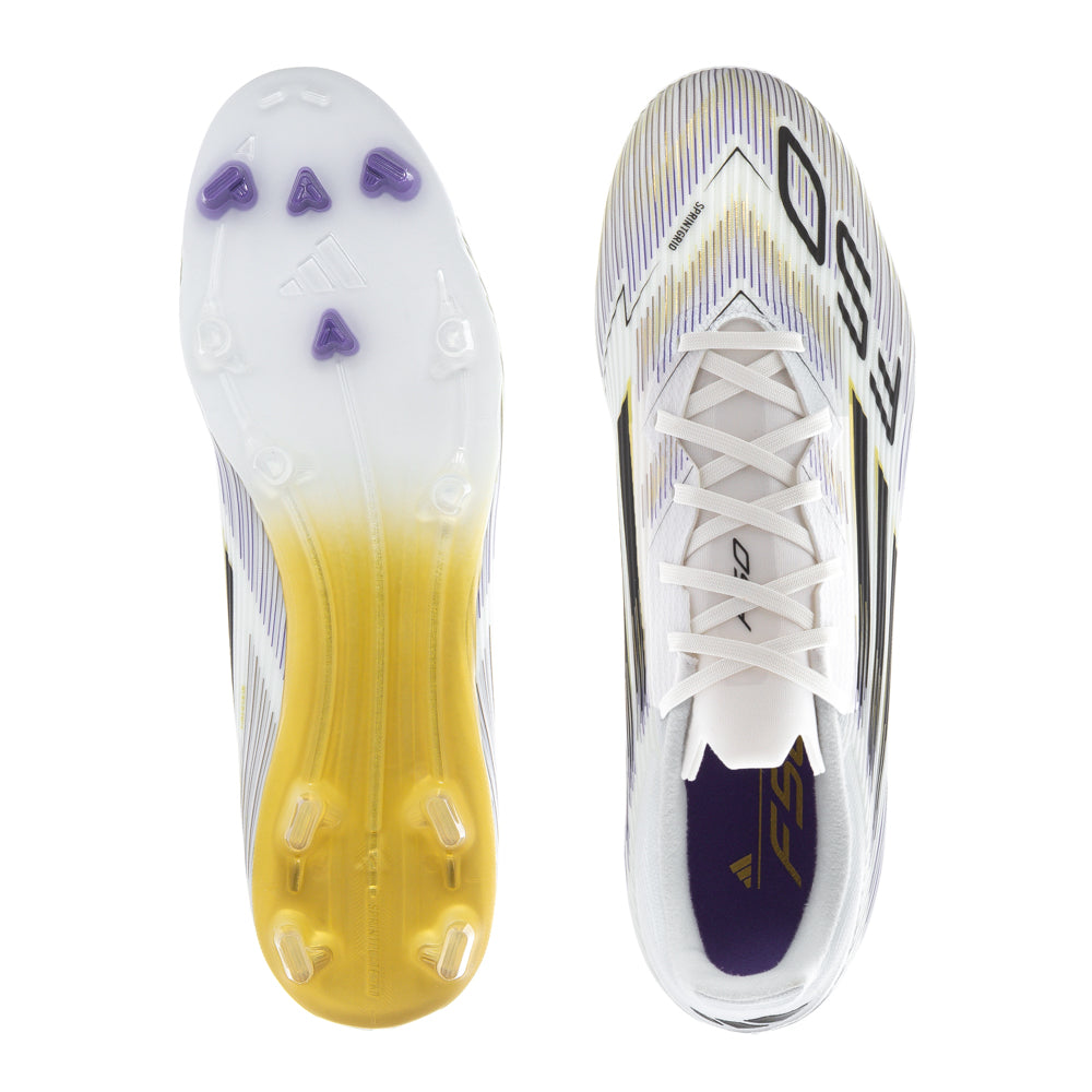 Top-down view of adidas F50 League FGxMG mens football cleats showing Fiberskin upper and sleek speed silhouette