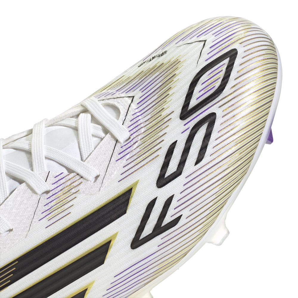 Close-up of Sprintplate 360 outsole with labeled recycled material badge on adidas F50 League FGxMG football shoes