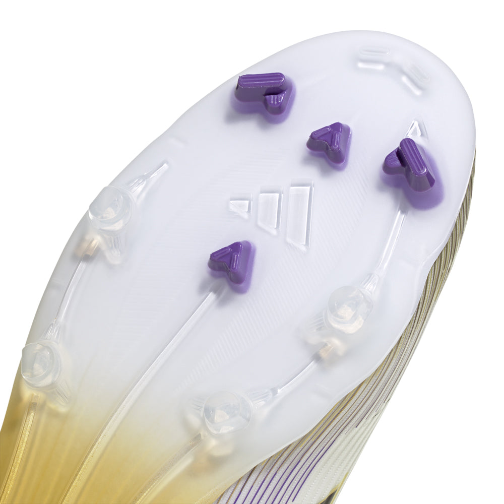 Top-down view of adidas F50 League FGxMG mens football cleats showing Fiberskin upper and sleek speed silhouette