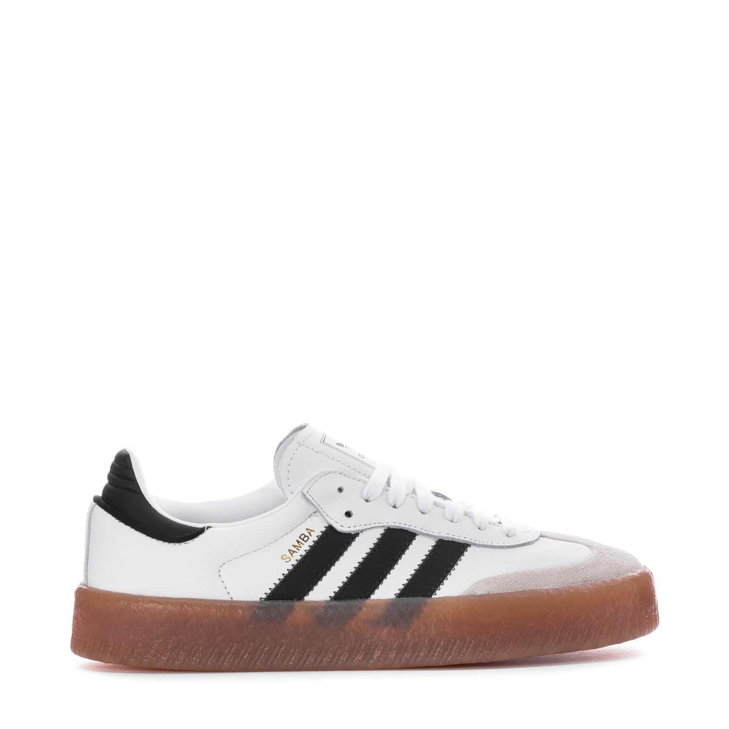 Adidas Sambae women's platform sneakers from the side, highlighting the translucent gum sole.