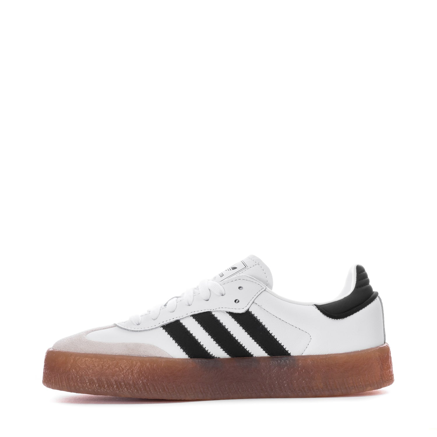 Close-up of the Adidas Sambae womens shoes, focusing on the smooth leather upper and embroidered 3-Stripes.
