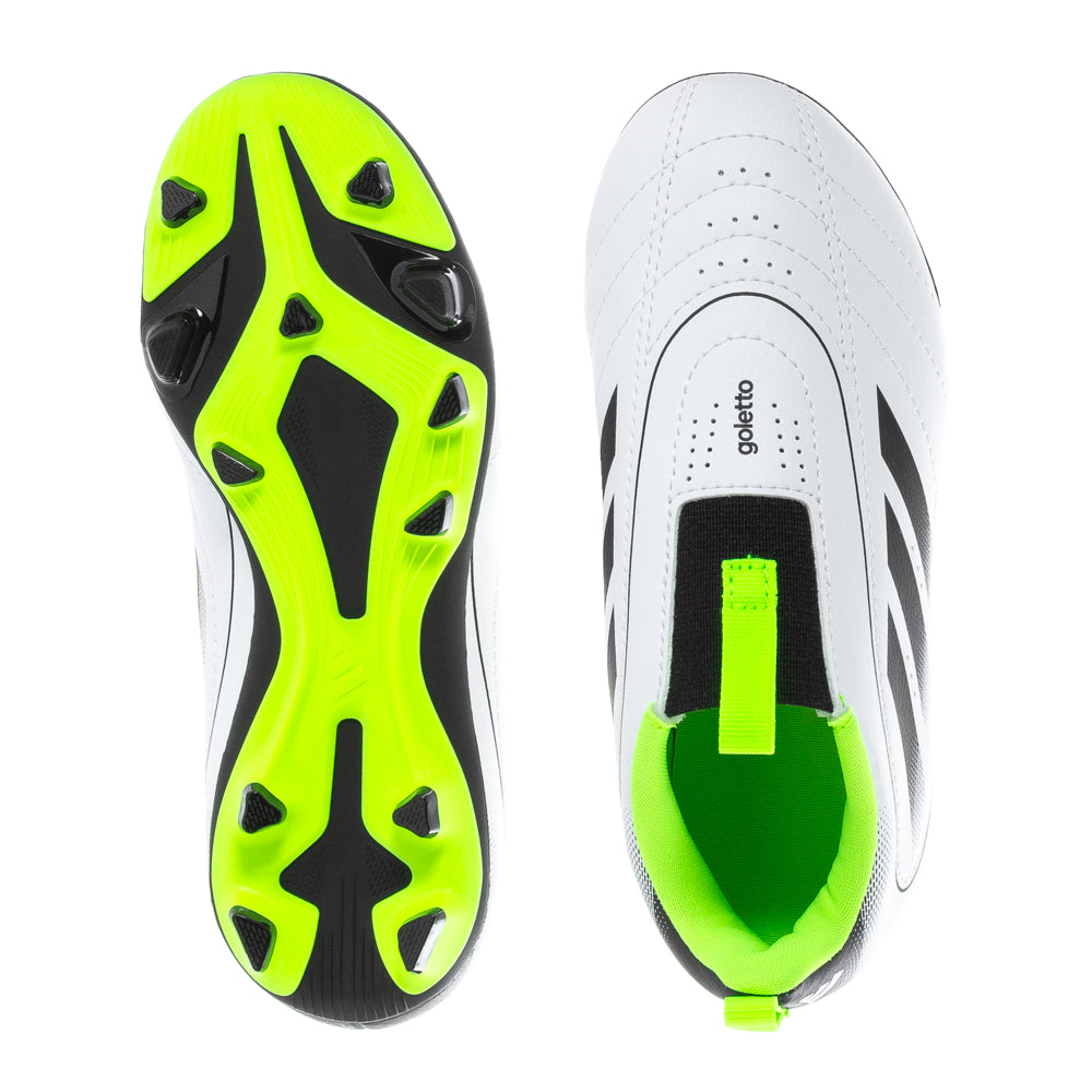 Kids soccer cleats with laceless design for firm ground and artificial grass
