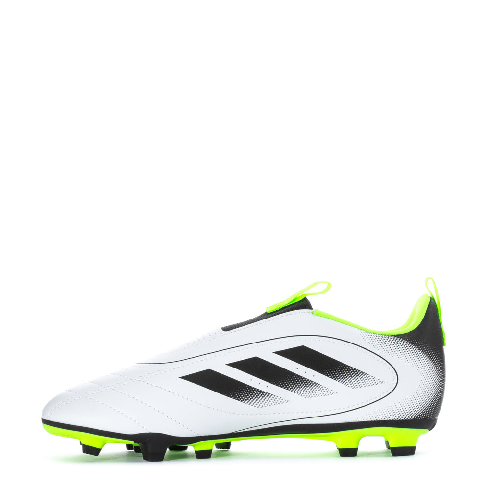 Side angle showing padded collar and recycled synthetic upper of kids adidas soccer cleats against artificial grass