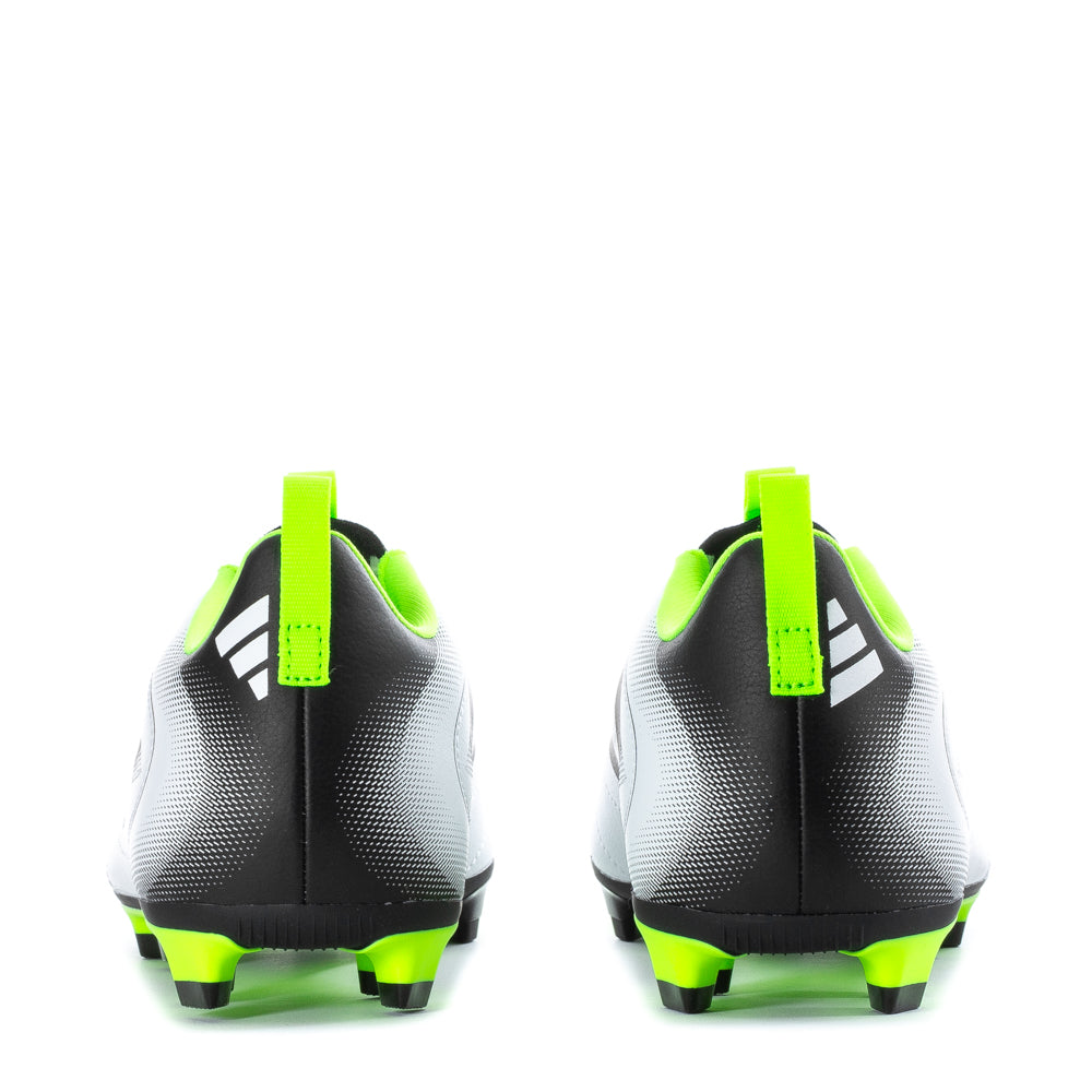 Side angle showing padded collar and recycled synthetic upper of kids adidas soccer cleats against artificial grass