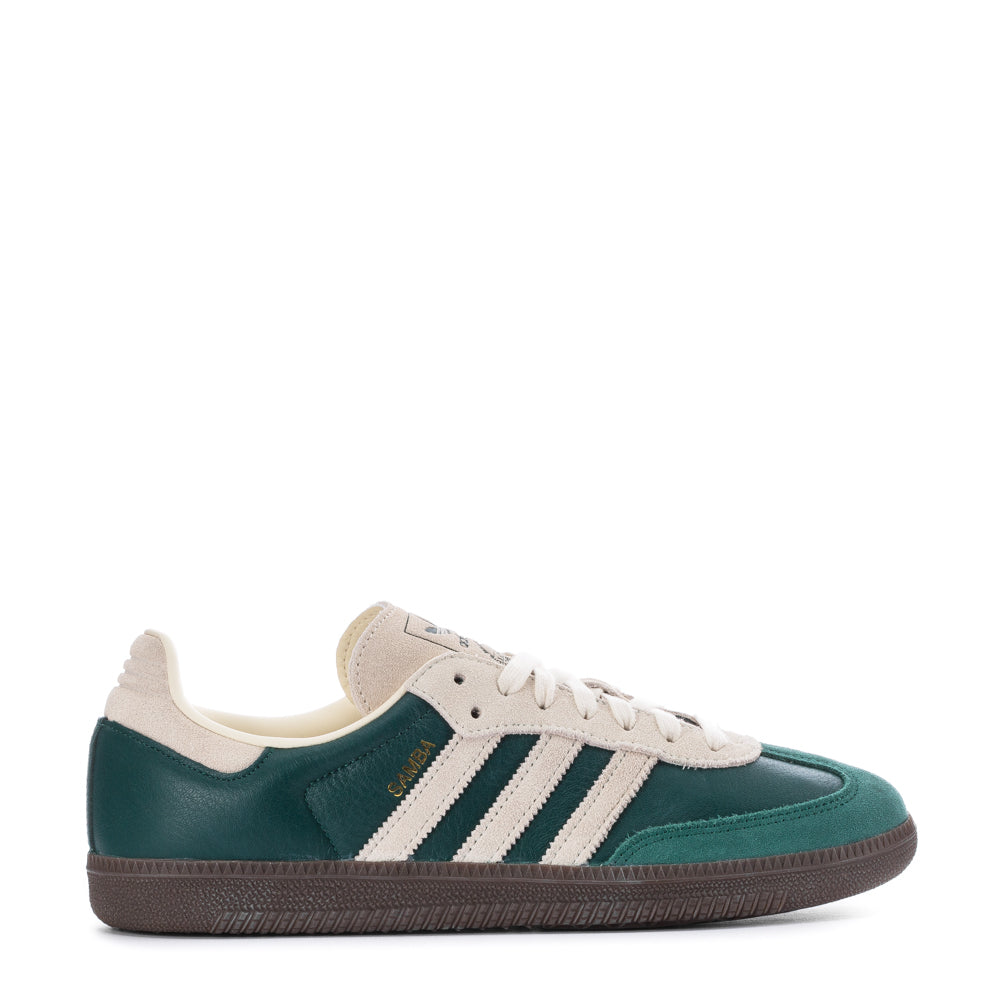 Close-up of Adidas Samba OG sneakers showing the leather upper and serrated 3-Stripes