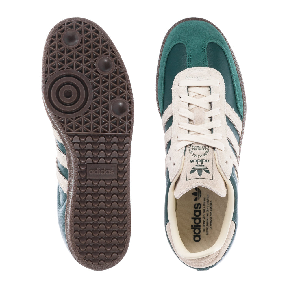 Close-up of Adidas Samba OG sneakers showing the leather upper and serrated 3-Stripes