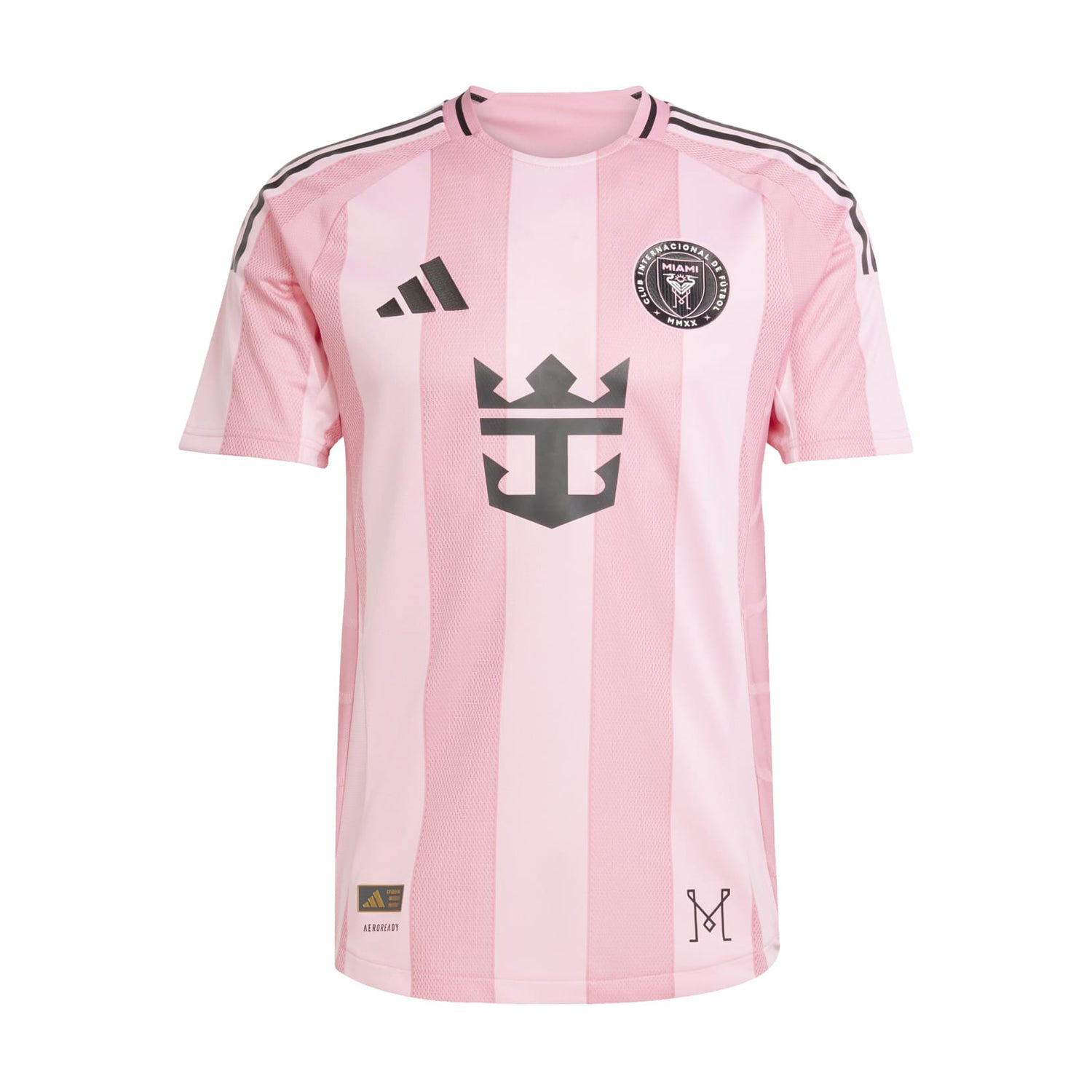 Front view of the Adidas Inter Miami Messi authentic jersey showcasing the team seal and Royal Caribbean logo.
