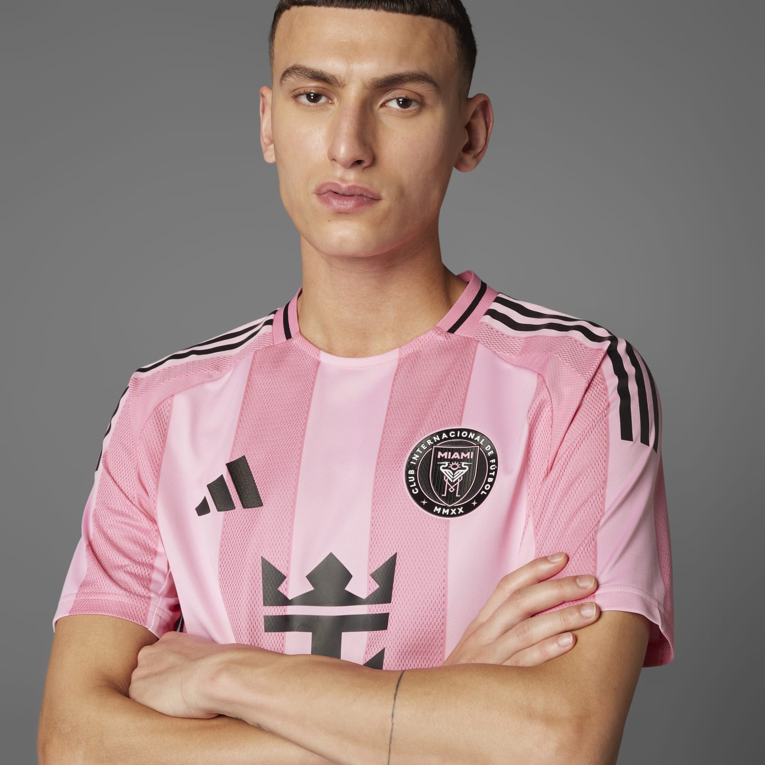 Front view of the Adidas Inter Miami Messi authentic jersey showcasing the team seal and Royal Caribbean logo.