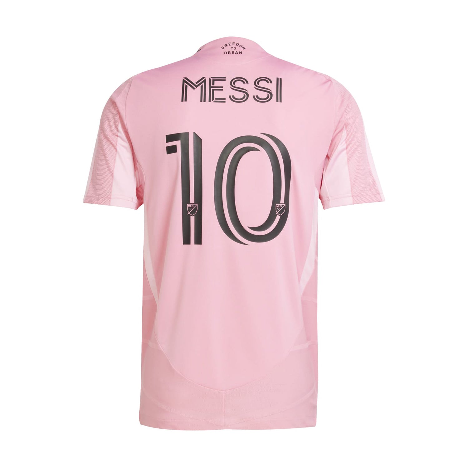 Side view of the Messi jersey highlighting the three-stripe adidas logo and comfortable fit.
