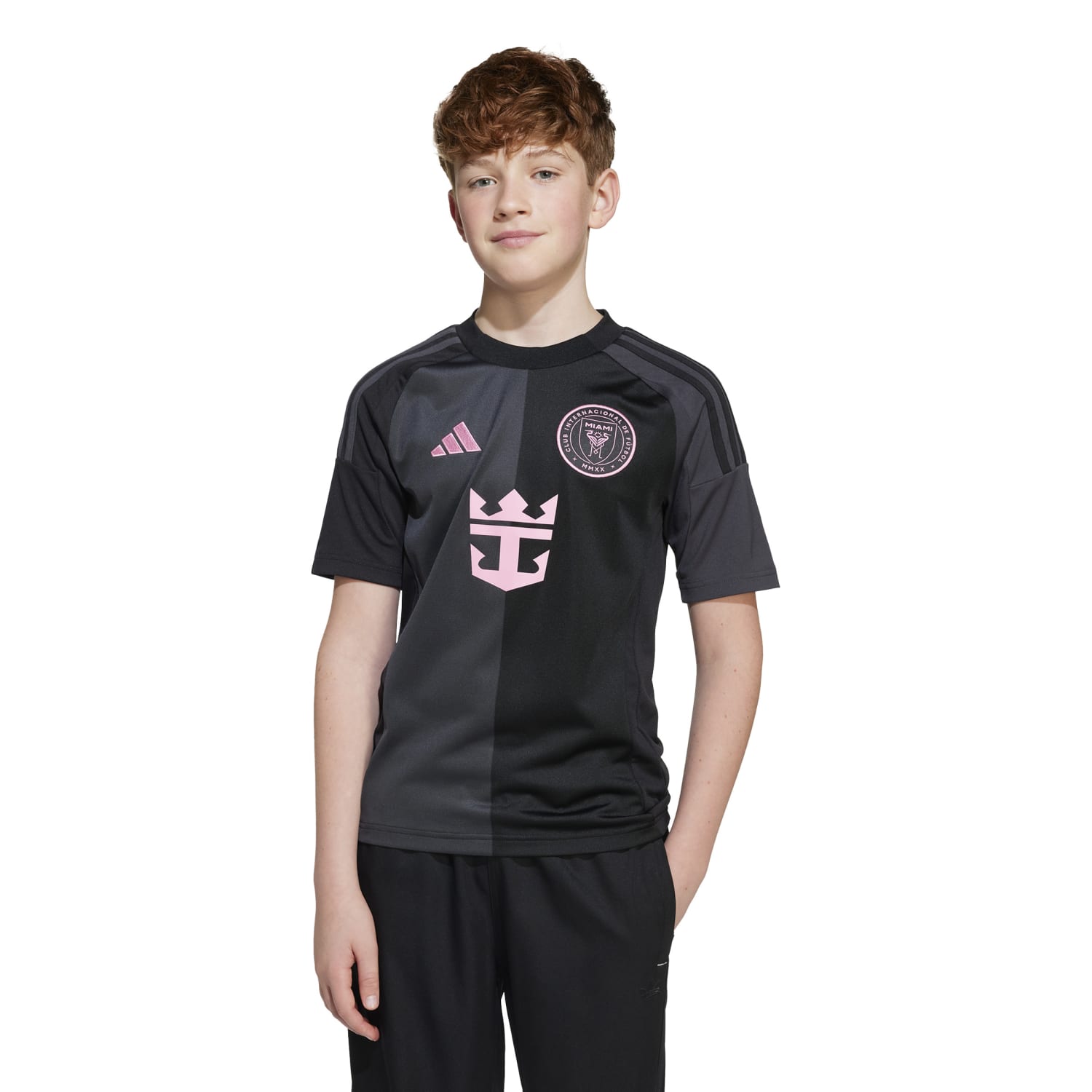 Front view of Inter Miami youth away jersey showing Messis number and club crest