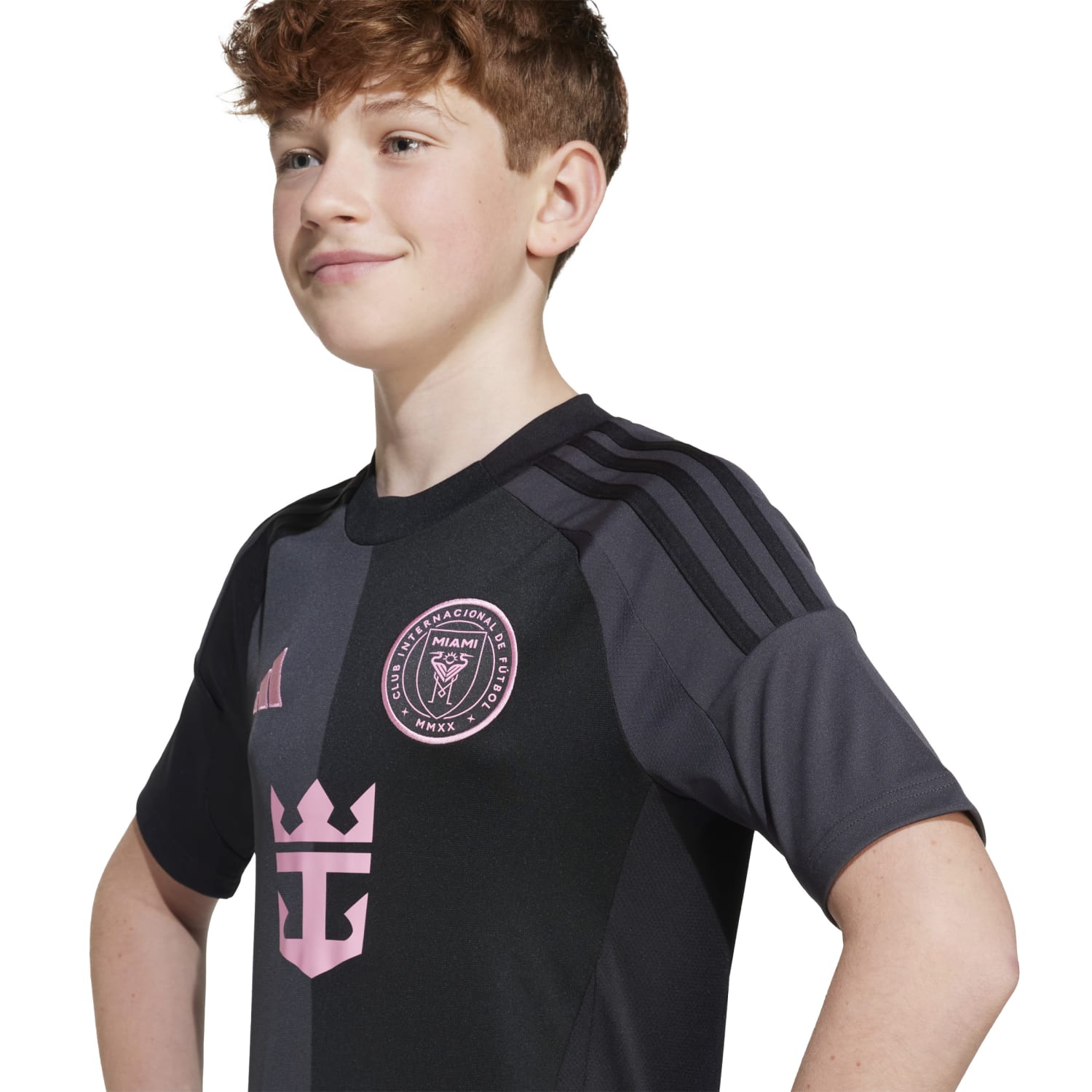 Close-up of fabric texture and pink accents on the official adidas Inter Miami jersey