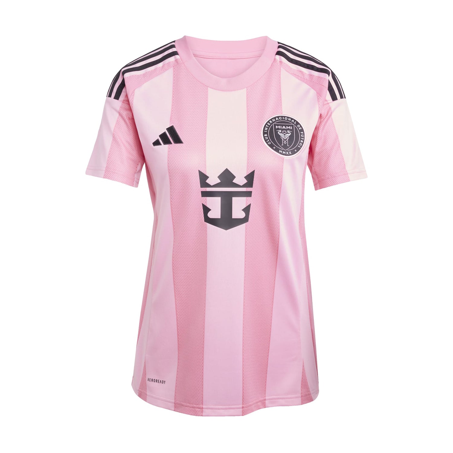 Front view of the Adidas Inter Miami Women's Home Soccer Jersey highlighting the team seal and sponsor logo.