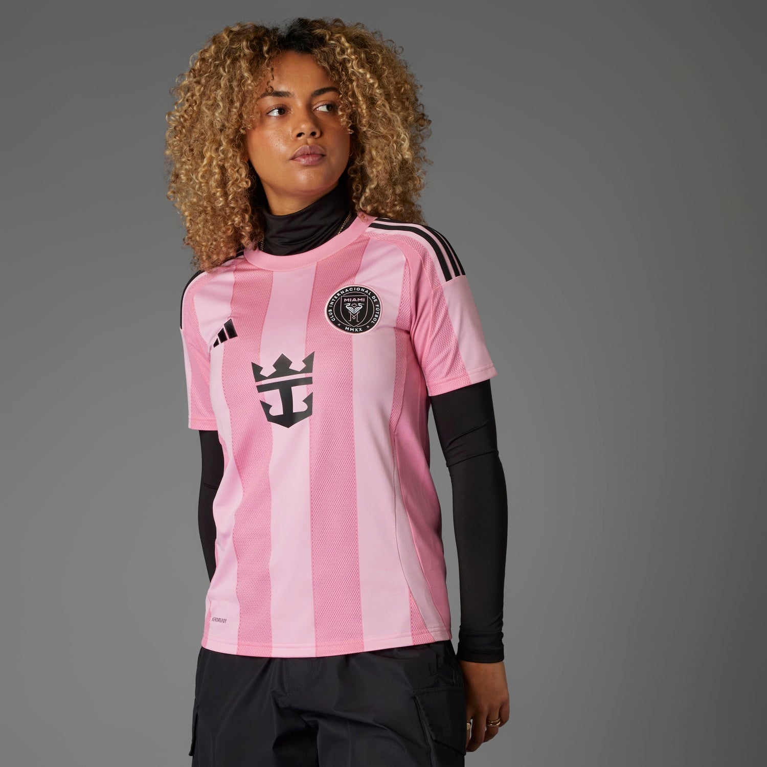 Side angle of the Adidas Inter Miami Womens Home Jersey, perfect for showcasing the Adidas three-stripe detail.