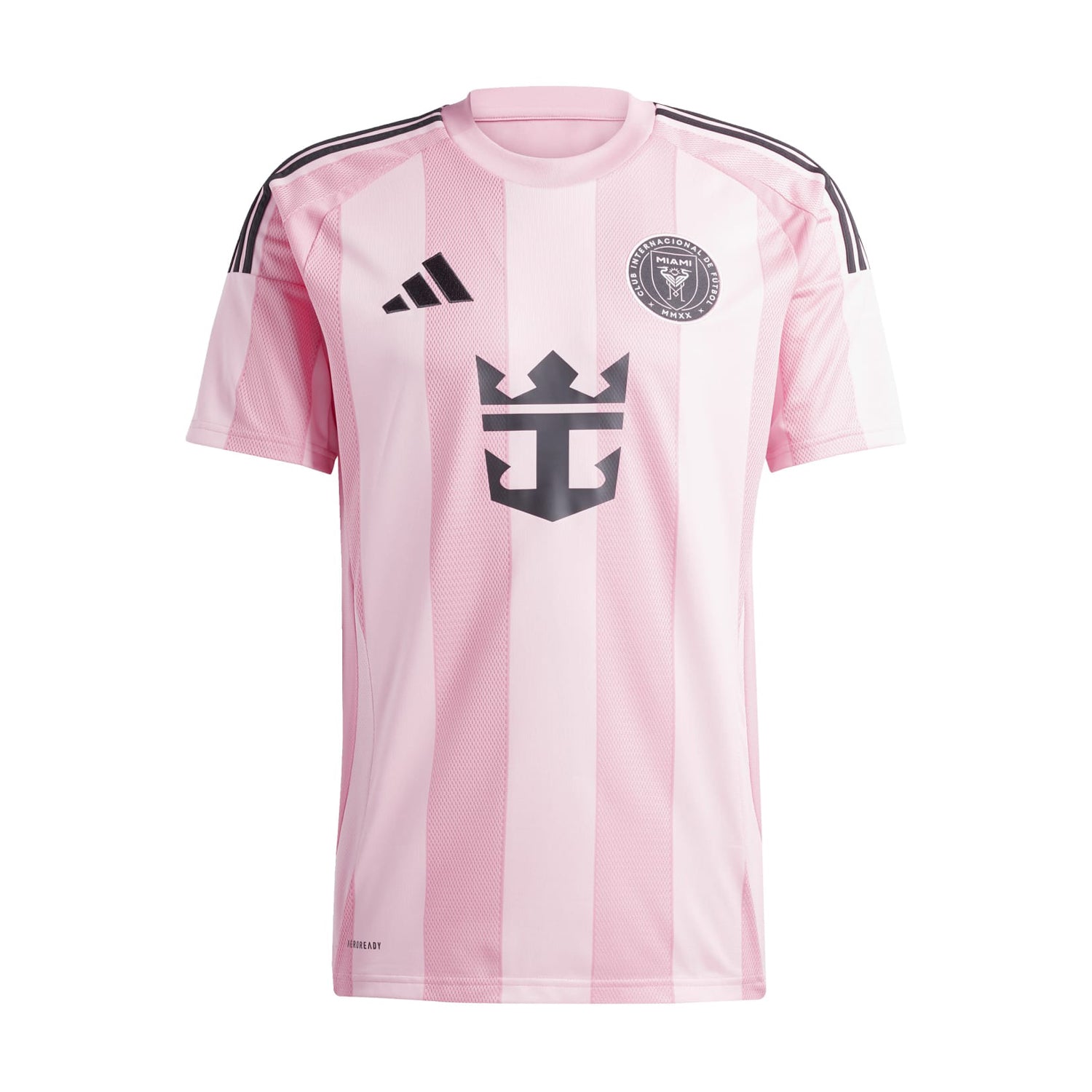 Front view of Inter Miami 25/26 replica men's soccer jersey showing team seal and sponsor logo