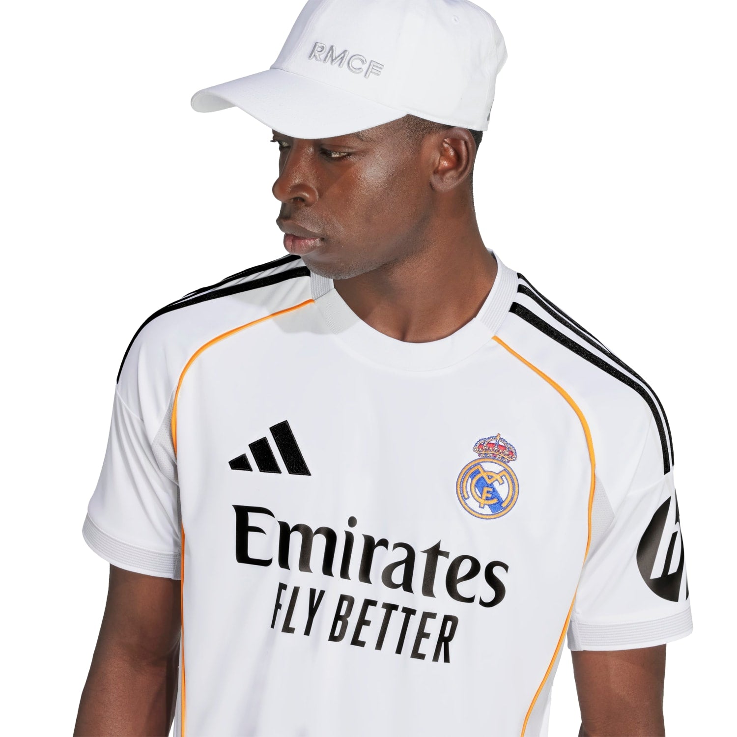 Real Madrid home jersey 2025 front view, showcasing team badge and design details
