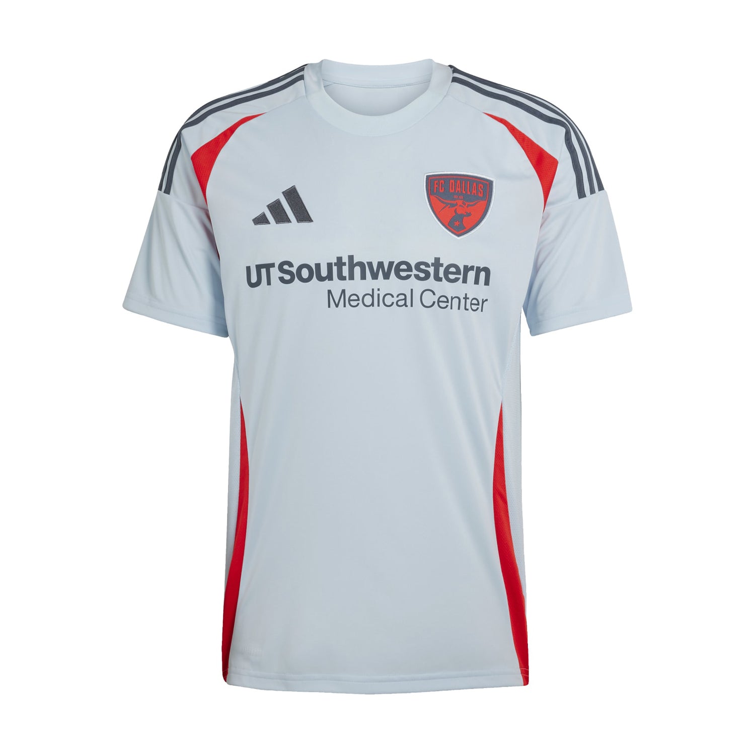 Front view of Dallas FC 2025/26 Replica Away Jersey, showcasing team crest and vibrant colors.