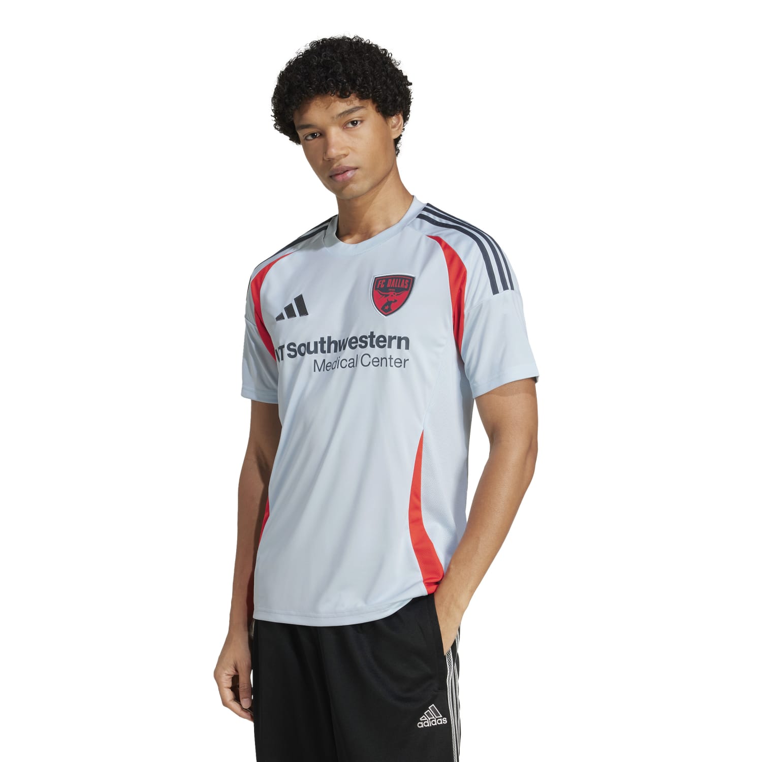 Side angle of Dallas FC mens away jersey, highlighting the lightweight fabric and adidas logo.
