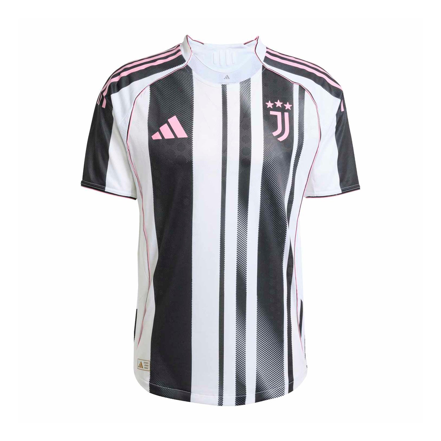 Front view of the Juventus 25/26 Authentic Men's Home Jersey, highlighting the iconic black and white stripes.