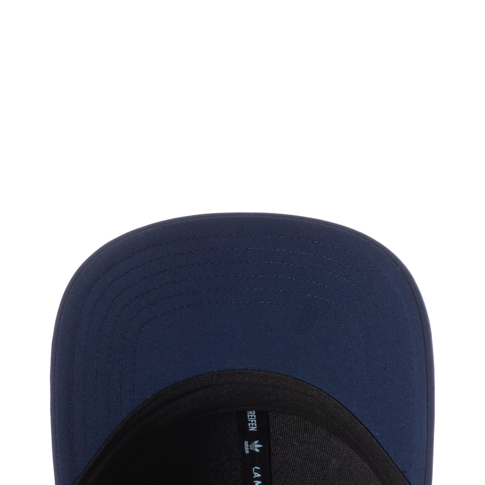 Back detail of the recycled-poly baseball cap featuring the snapback closure