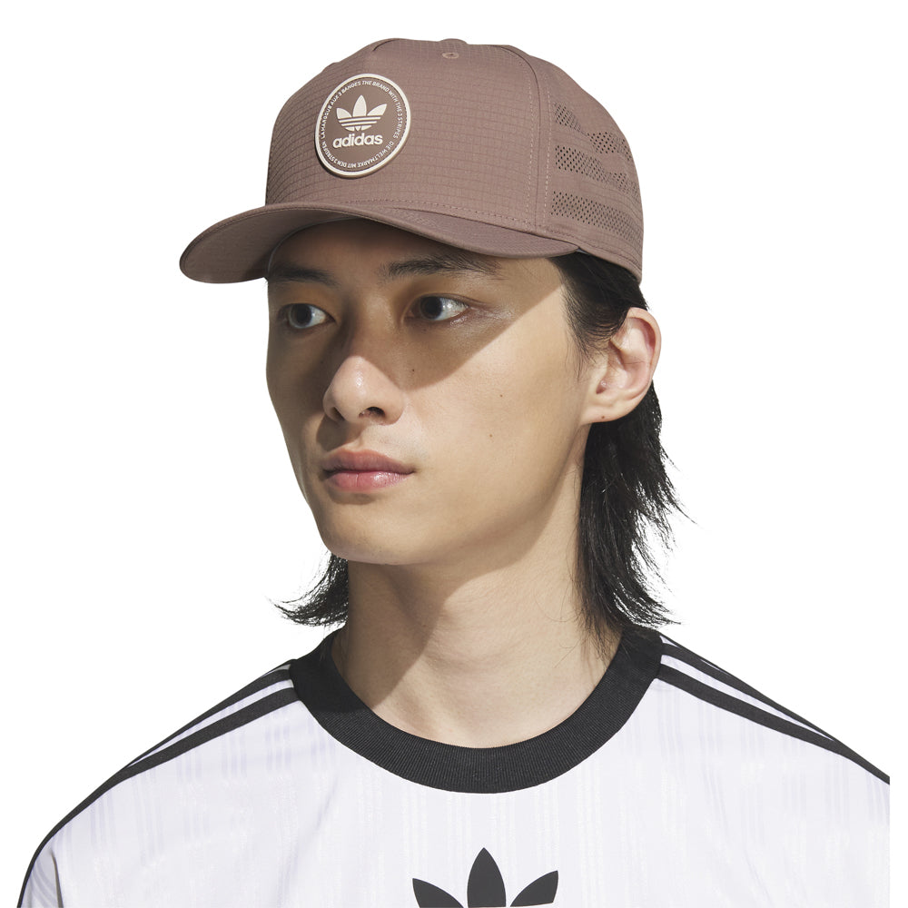 Close-up rear shot highlighting the adjustable snapback strap and embroidered adidas logo on the back arch