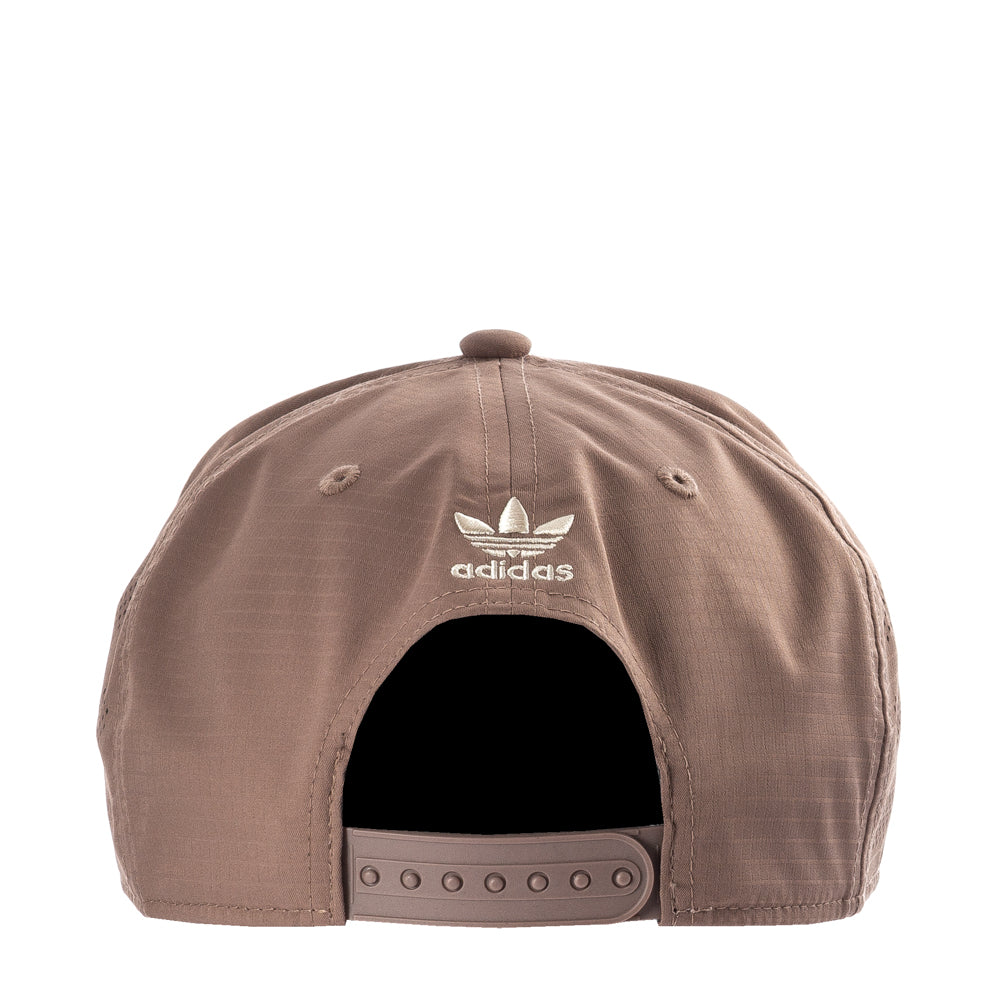Close-up rear shot highlighting the adjustable snapback strap and embroidered adidas logo on the back arch