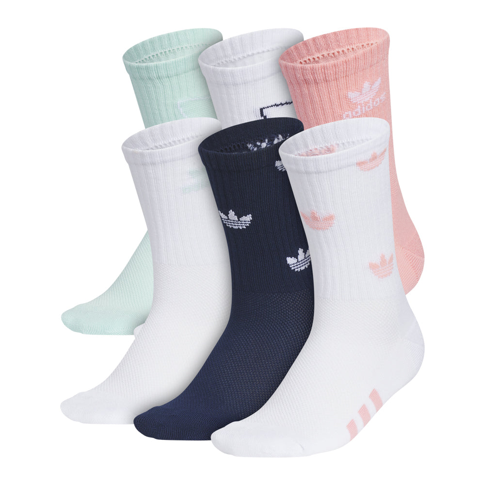 Pair of Adidas youth crew socks with cushioned heel and Trefoil logo for sports