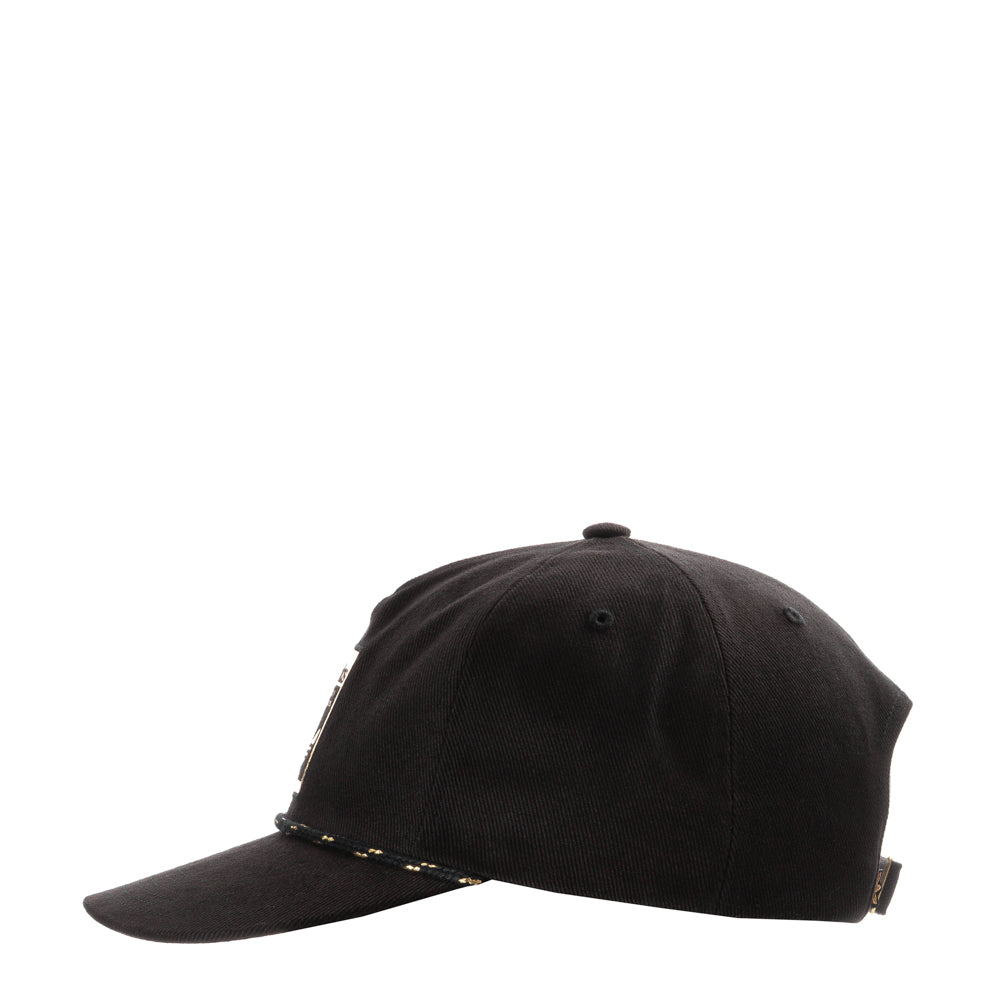 Close-up woven label and adjustable strapback closure for men who demand precision fit