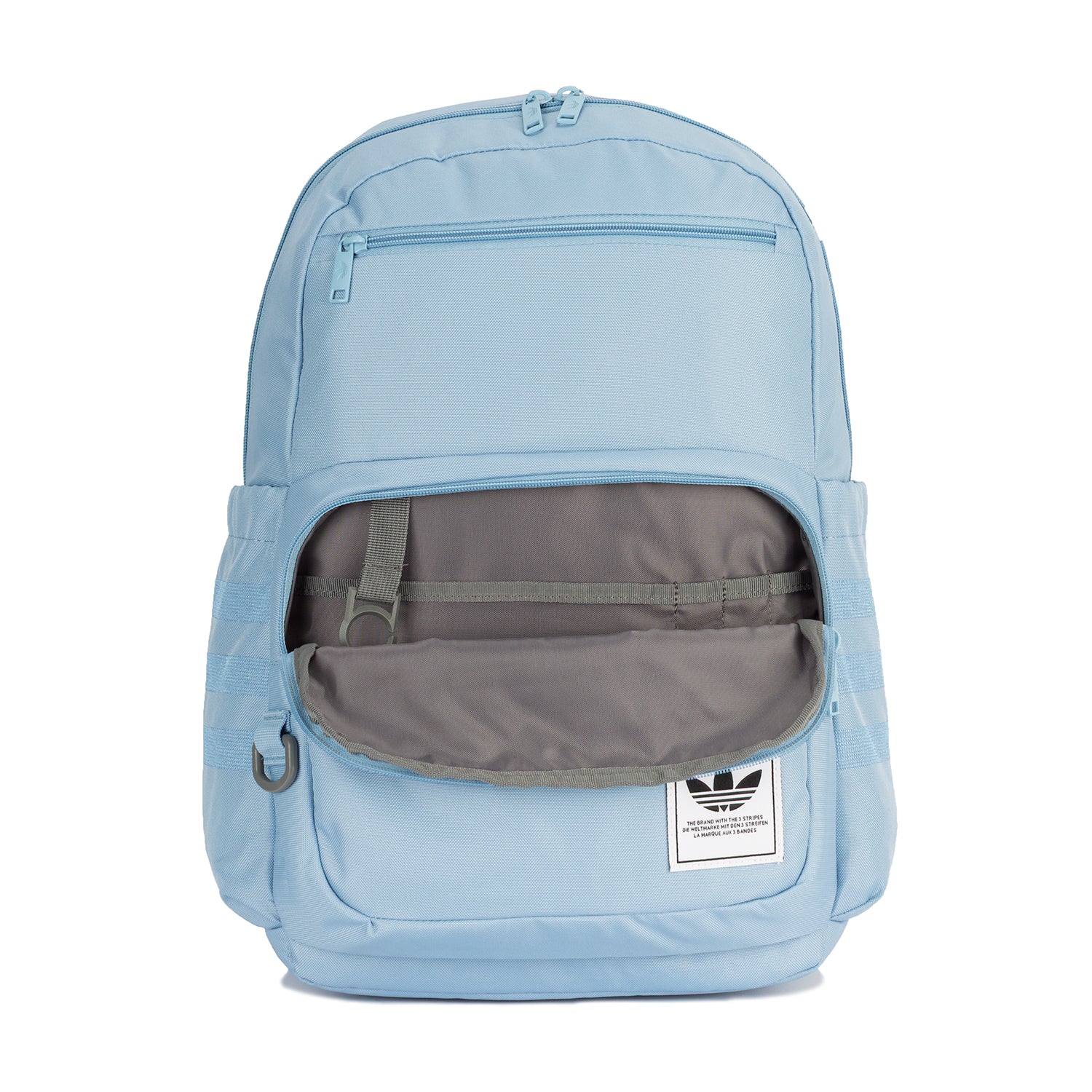 Backpack with open zipper revealing spacious interior and laptop compartment