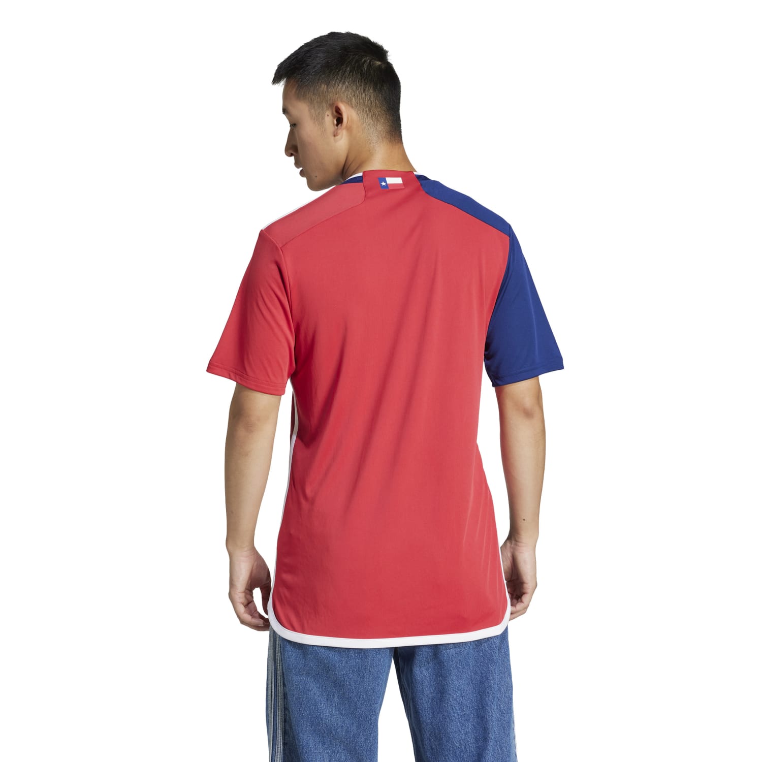 Side angle of the Dallas FC jersey, demonstrating the lightweight material and adidas 3-stripe logo.