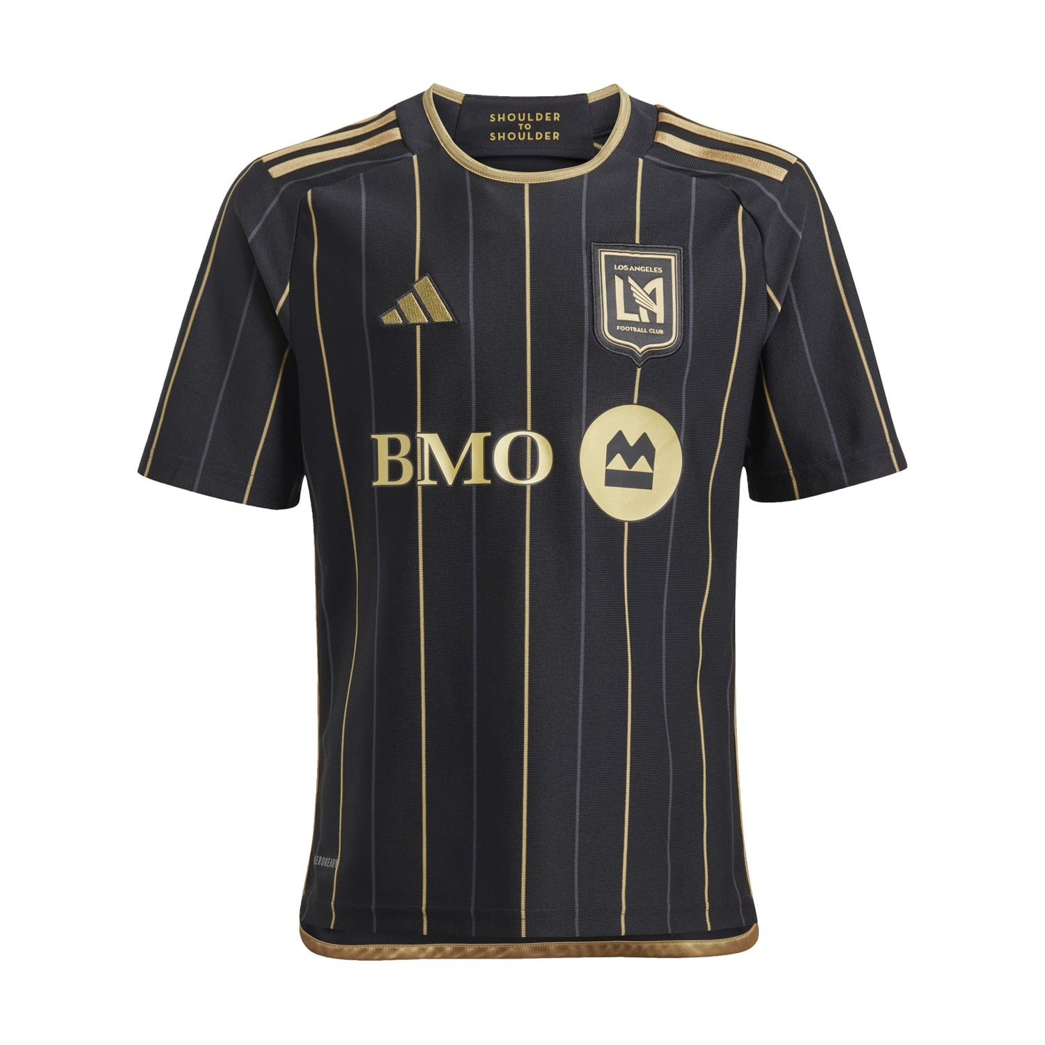 Front view of the adidas LAFC youth home jersey showcasing vibrant colors and team logo.
