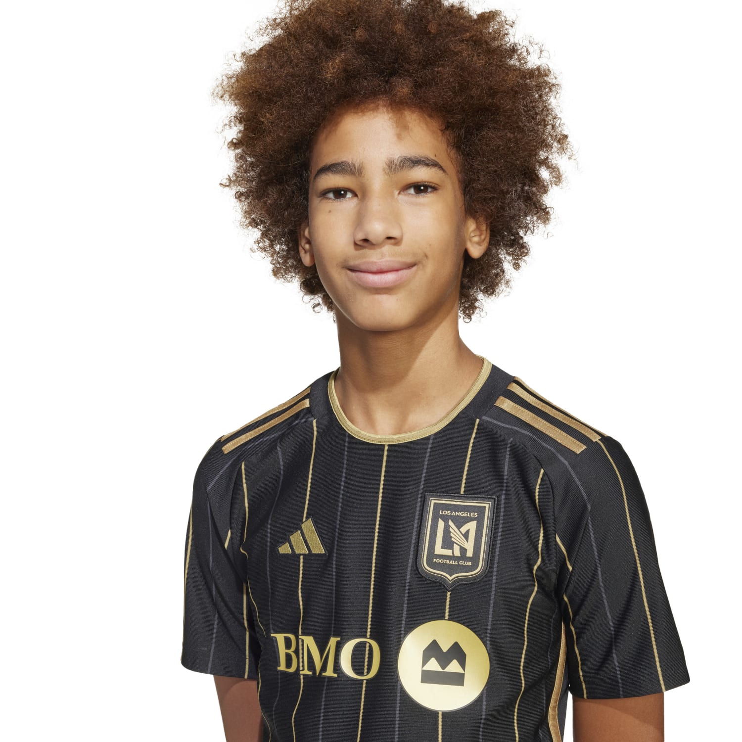 Front view of the adidas LAFC youth home jersey showcasing vibrant colors and team logo.
