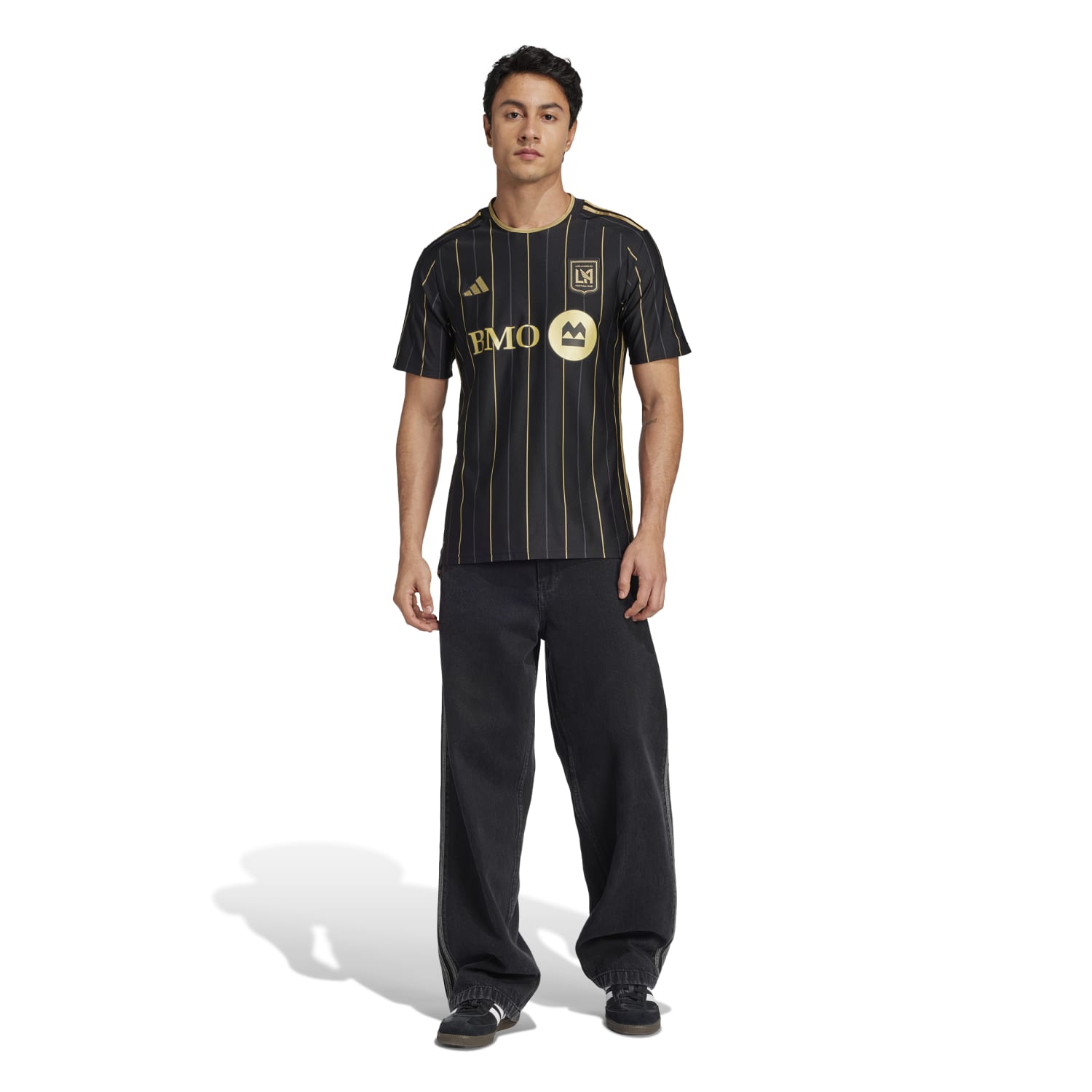 Close-up of the LAFC logo and pinstripes on the mens soccer jersey