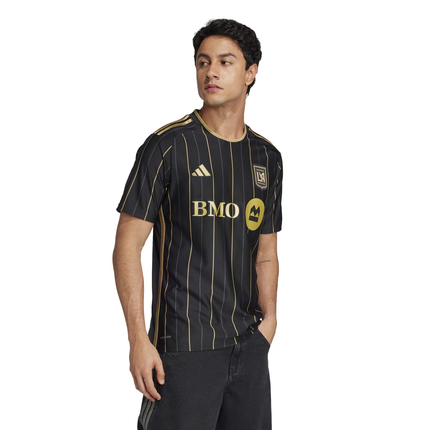 Front view of LAFC 24/25 replica home jersey with bold black and gold design
