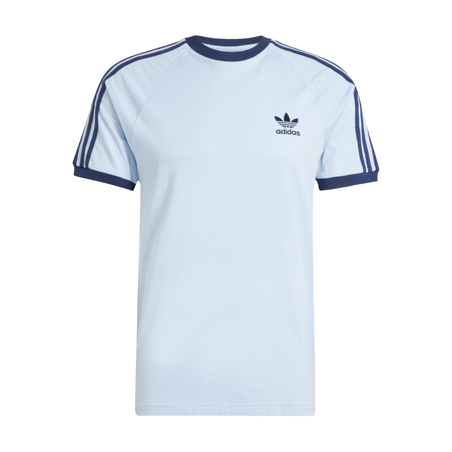 Front view of slim fit adidas 3-stripe tee showing embroidered Trefoil logo and contrast hem on wooden table