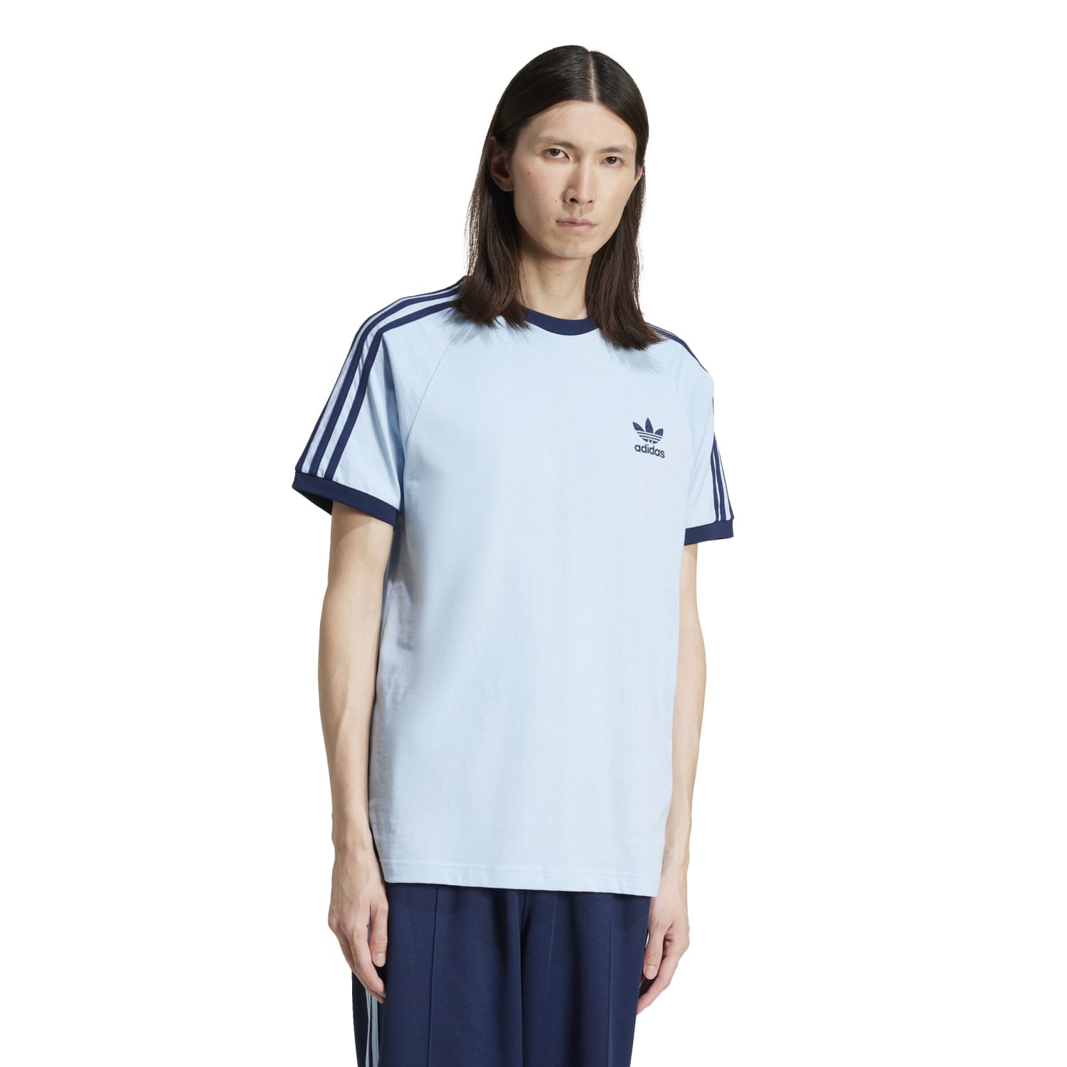 Side angle displaying raglan sleeves and vintage contrast hem of mens adidas cotton crewneck shirt sale cheap