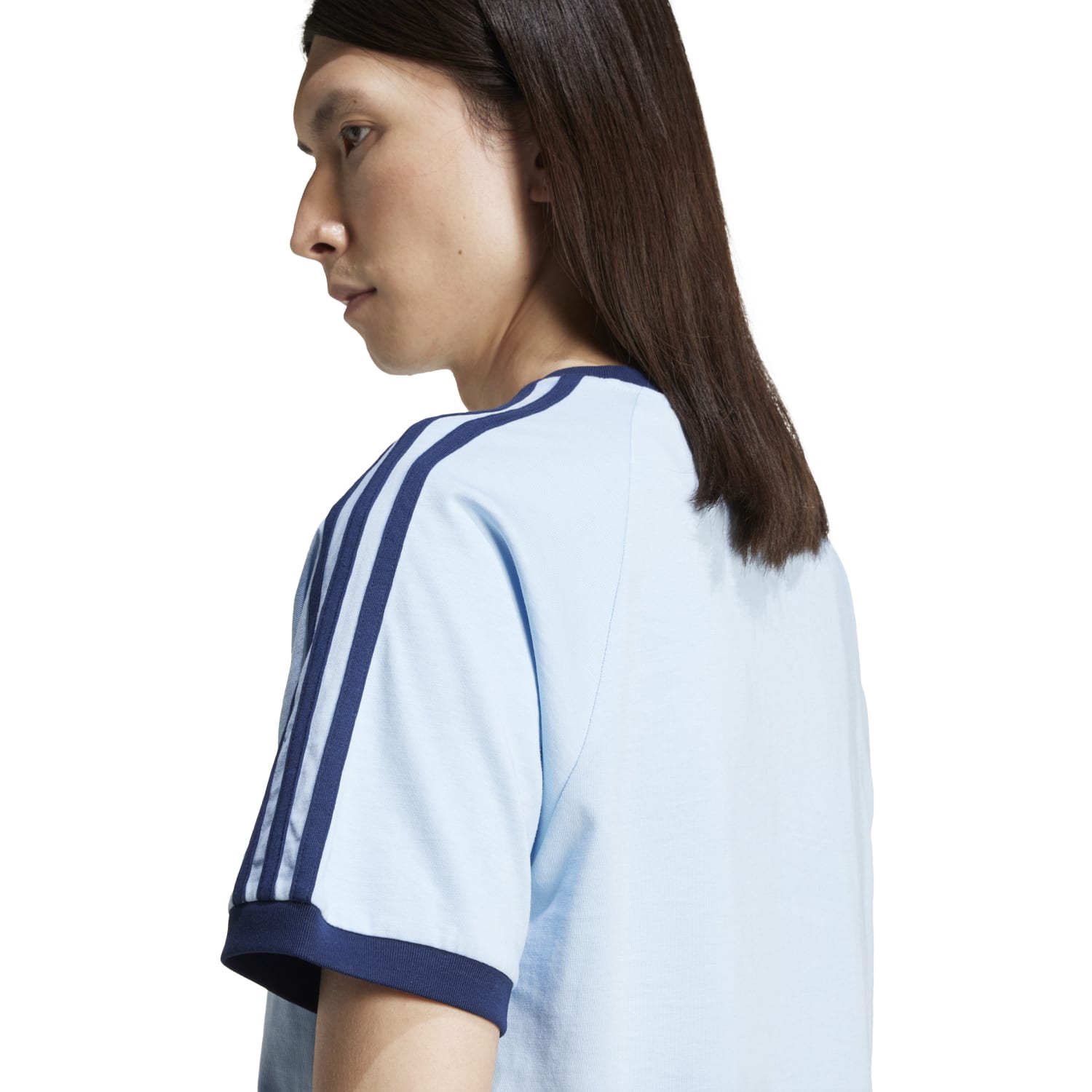 Side angle displaying raglan sleeves and vintage contrast hem of mens adidas cotton crewneck shirt sale cheap
