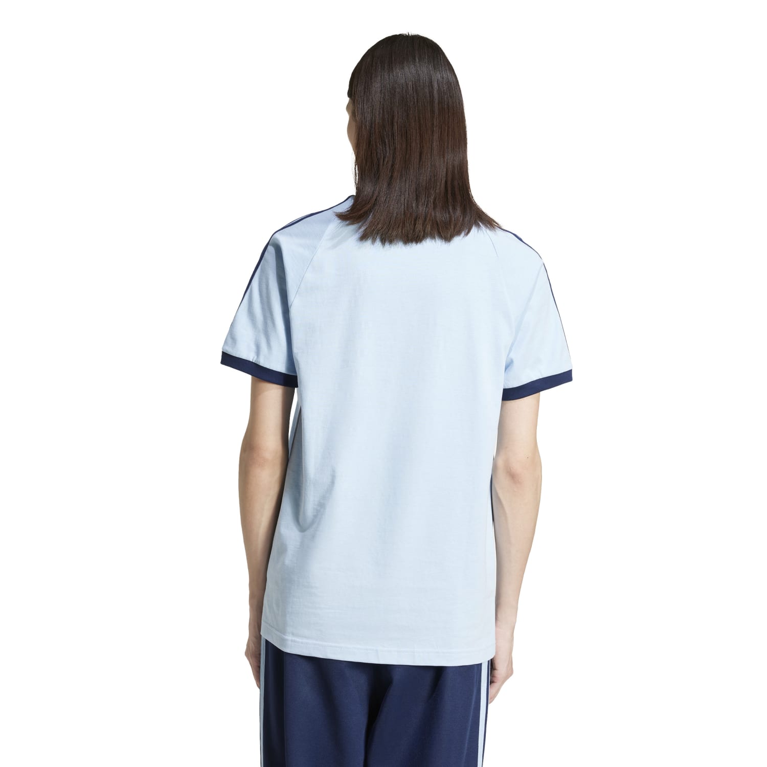 Close-up of soft single-jersey fabric texture and 3-stripe sleeve detail for comfortable fit