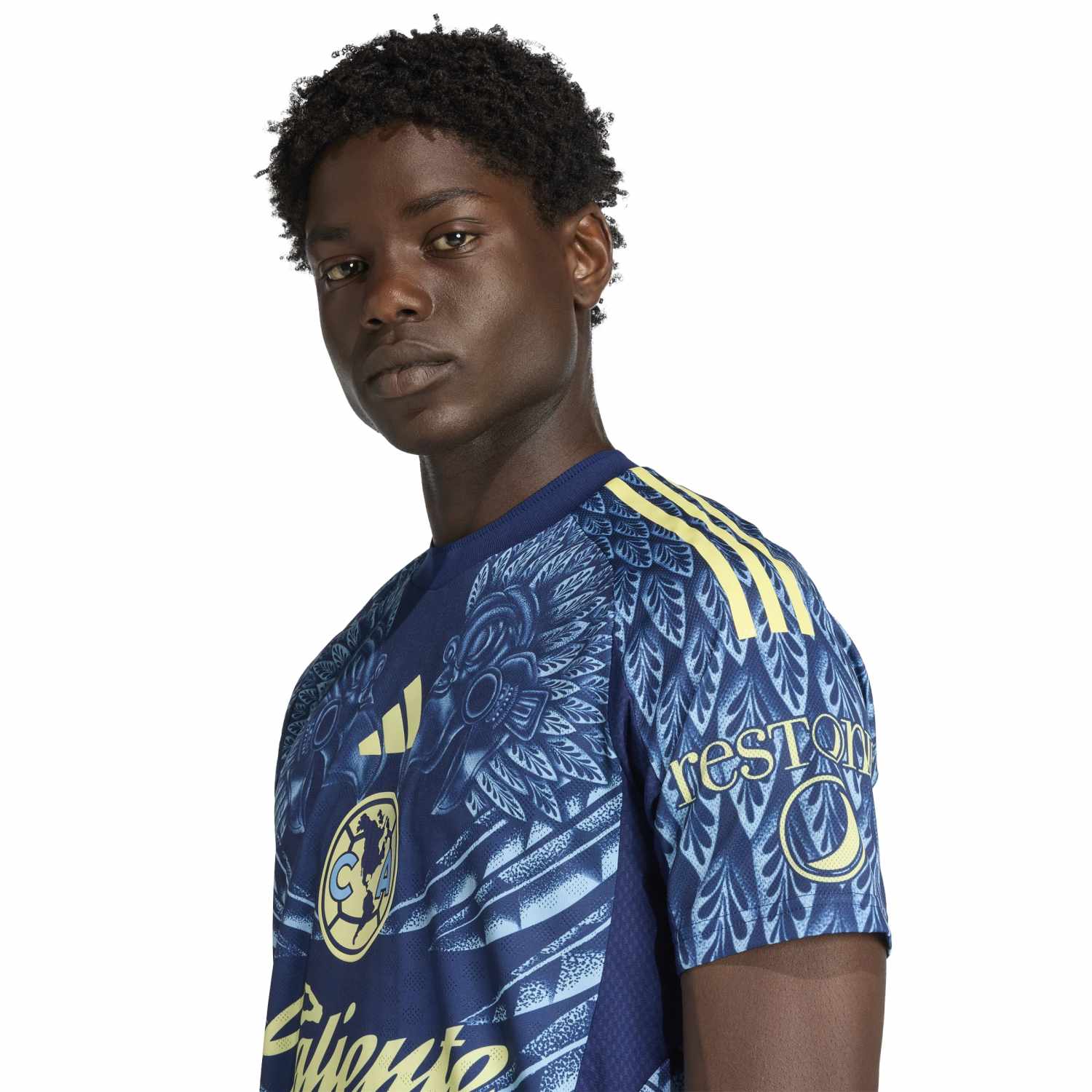 Close-up of fabric and detail on the Club America football jersey