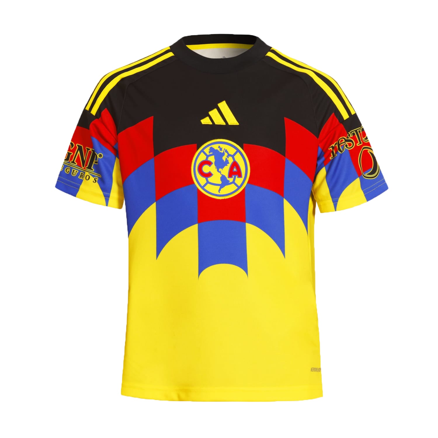 Front view of Club America 25/26 youth soccer jersey on a young player